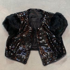 BCBGMAXAZRIA Black Maddox Sequin Fur Shrug Capelet